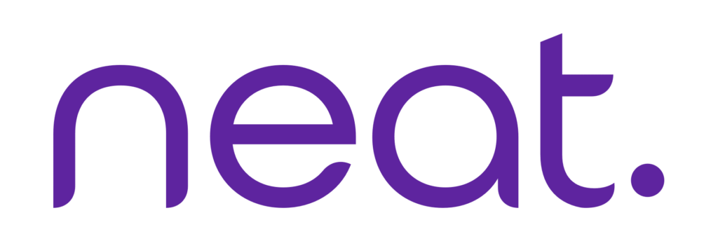 The image has neat. in modern, dark purple lowercase font on a white background.