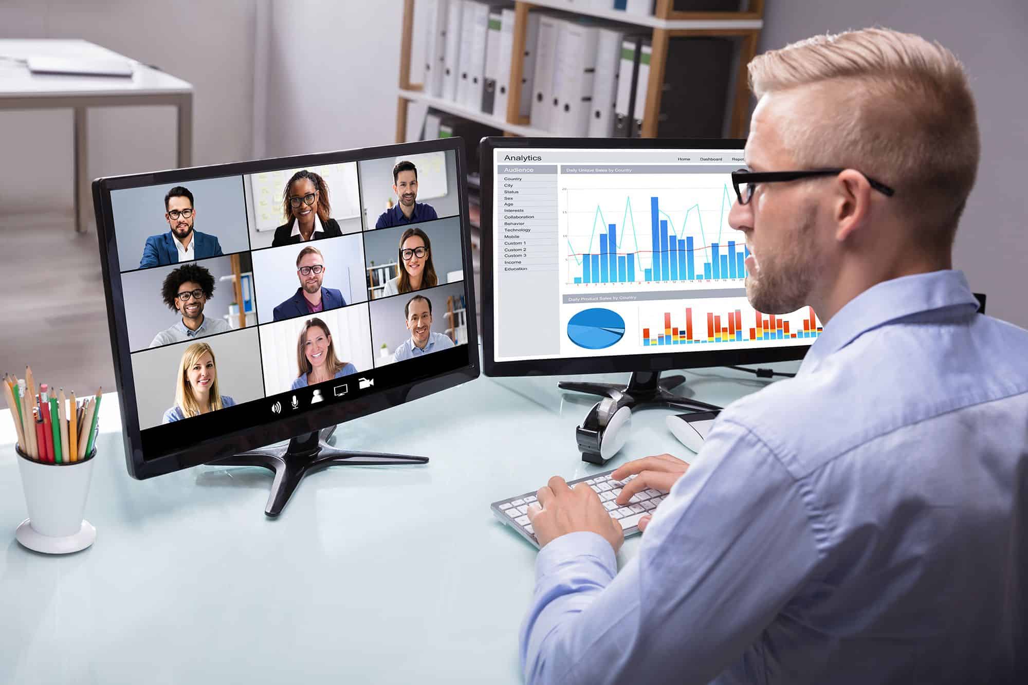 unified communications meeting solutions showing socially distanced staff