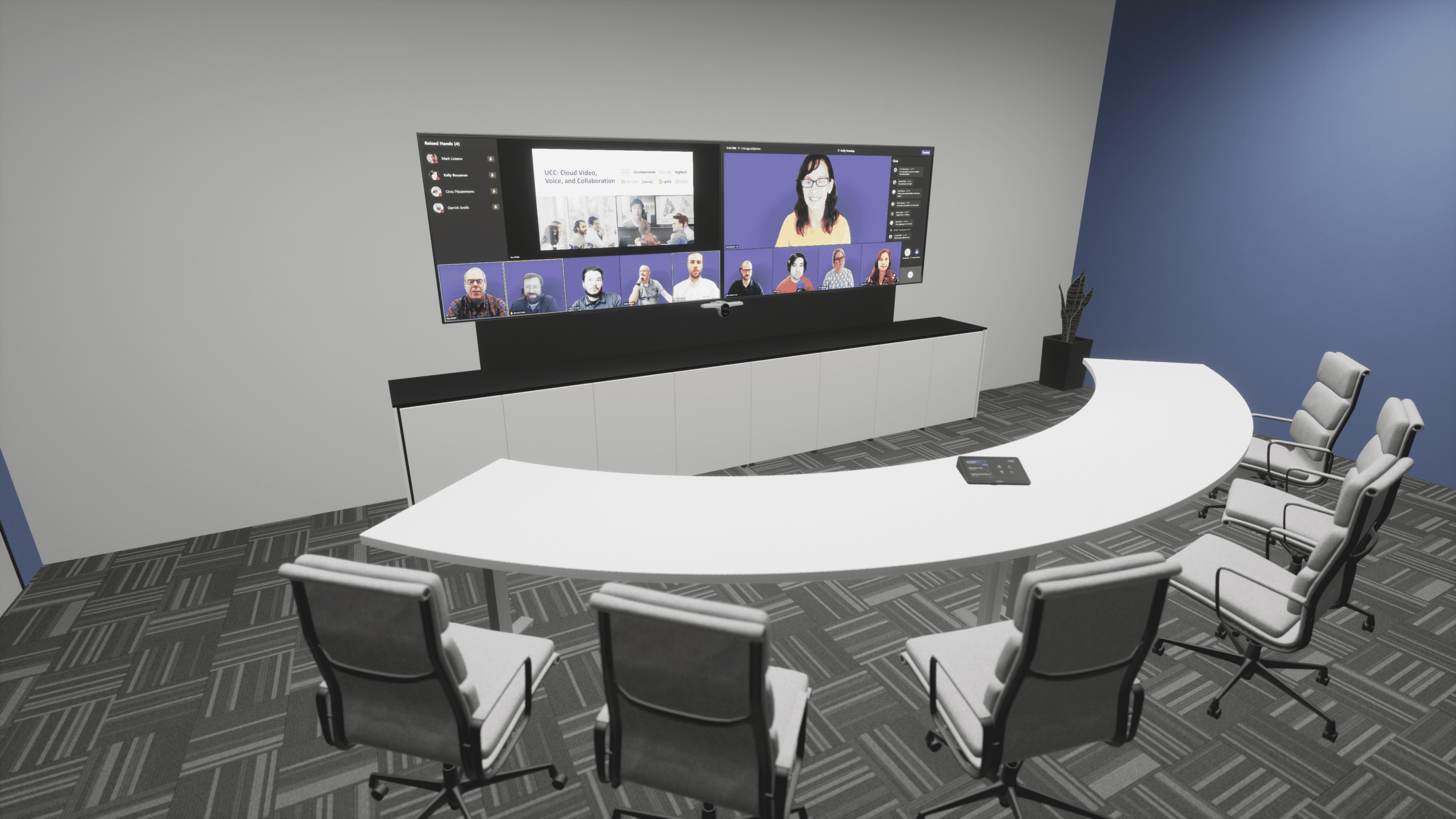 VR conference room design with Microsoft Front Row teams meeting on screen