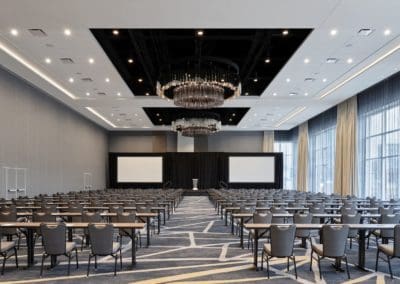 Loews Hotel Kansas City exhibit hall with large projection screens and podium