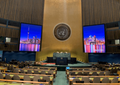 Wide view of Intergovernmental Organization LED video wall displays