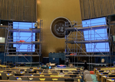 Wide view of Intergovernmental Organization LED video wall displays under construction