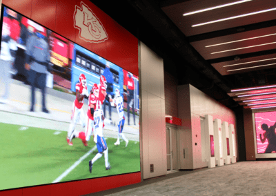 Large video wall in Kansas City Chiefs hallway