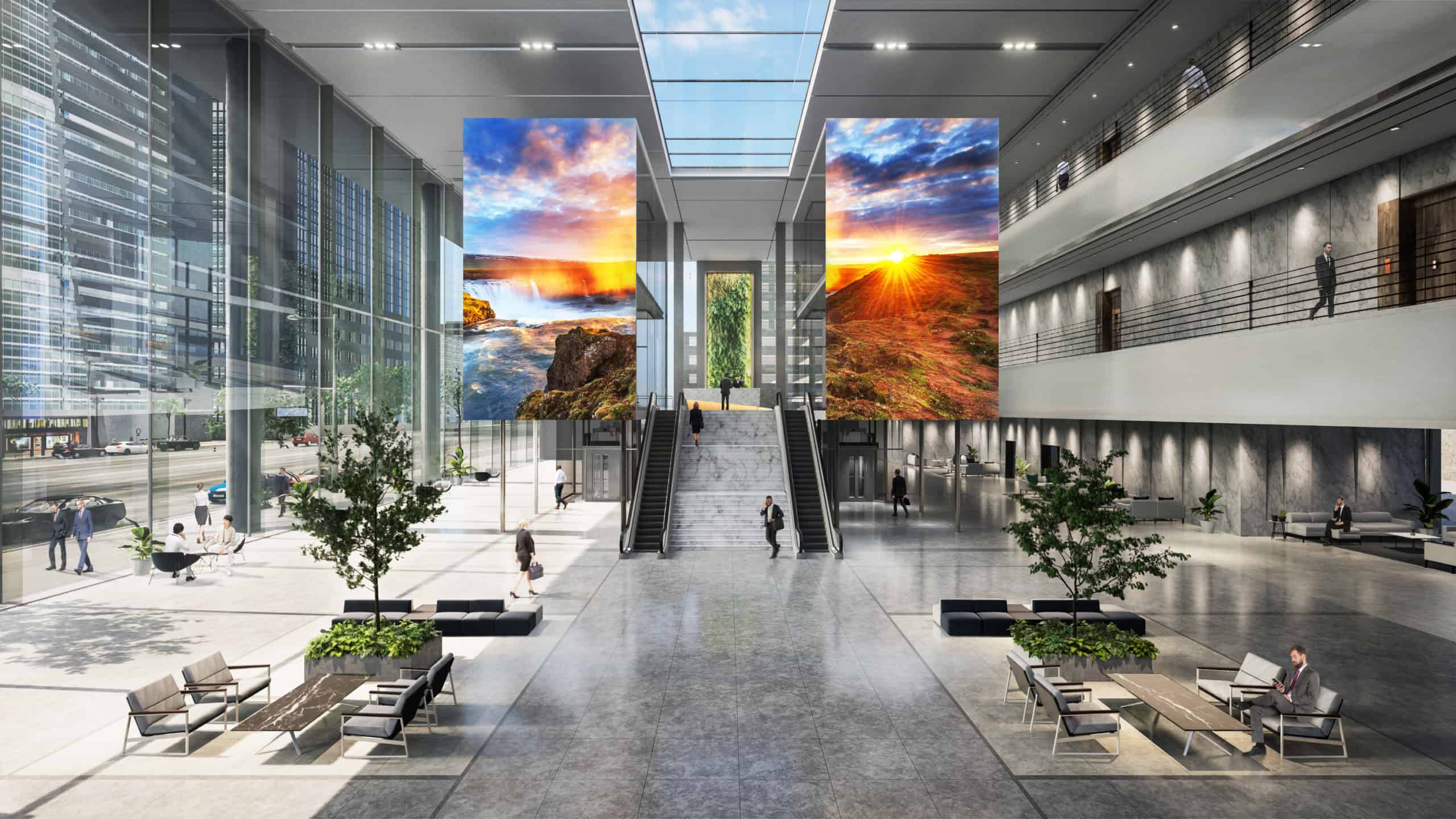 Large Sony digital displays, the centerpiece to a massive lobby