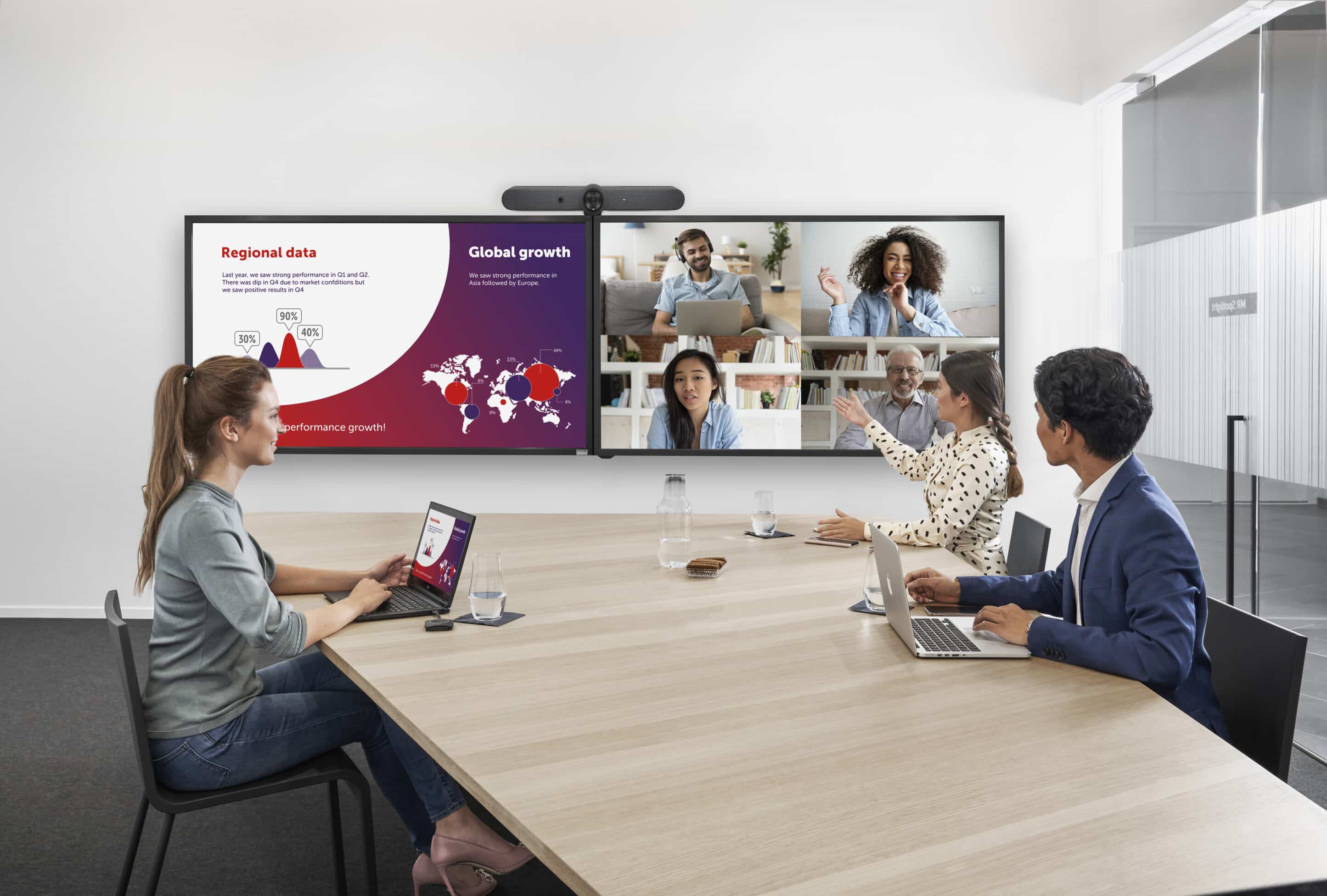 Hybrid workplace webcast meeting in conference room with Barco cCickshare conference in use.