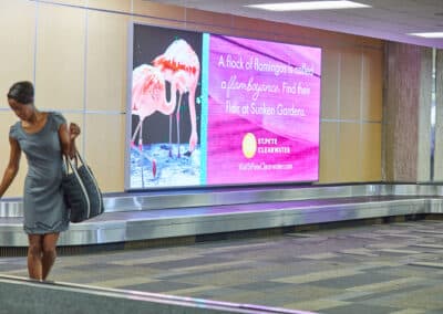 woman at arport baggage claim with video wall