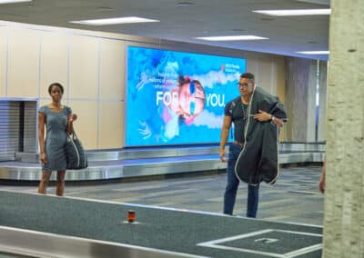 man and woman at airport baggage claim with video wall