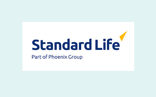 Create a logo featuring dark blue text Standard Life with a yellow triangular accent at the top right, underlined by Part of Phoenix Group on a pale blue background.