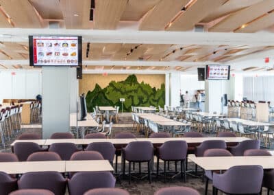 Cafeteria with ceiling mounted displays