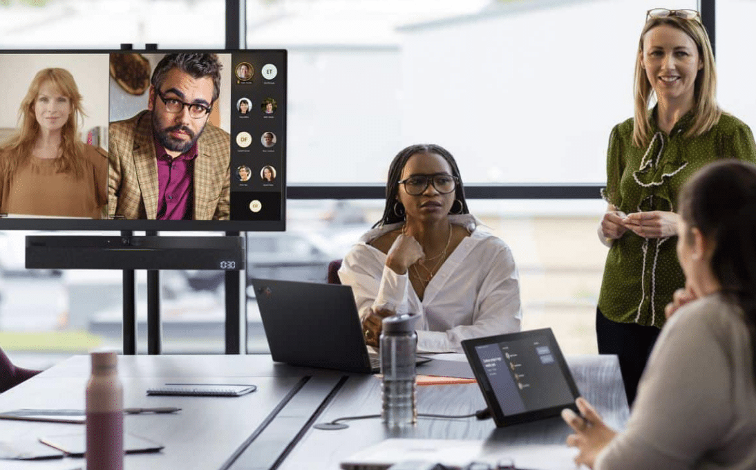 Conference room hybrid meeting with a Lenovo Thinksmart solution