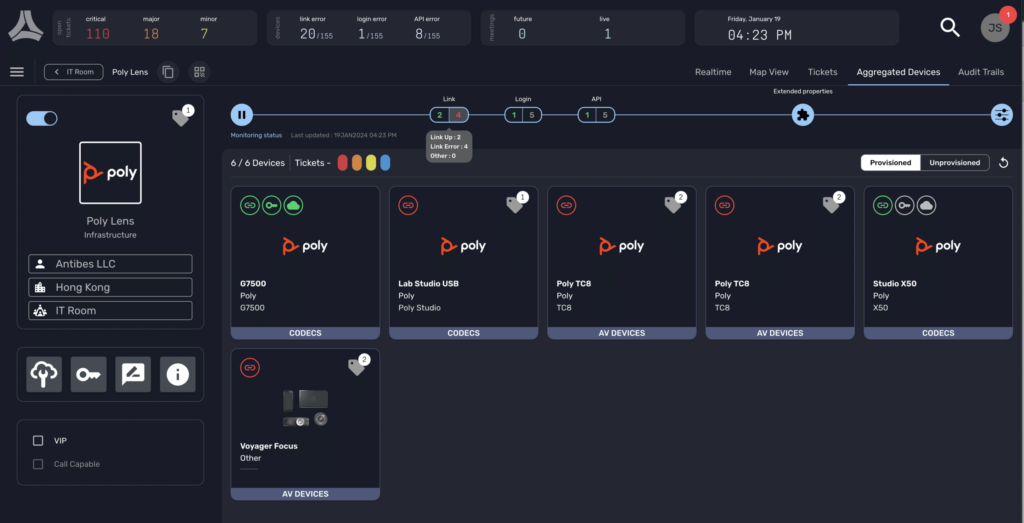 Poly Lens dashboard: Device status, locations (e.g., Hong Kong, IT Room), equipment cards with Poly & serial numbers.