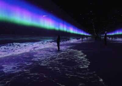 Arte Museum immersive night beach experience with aurora borealis and a shooting star