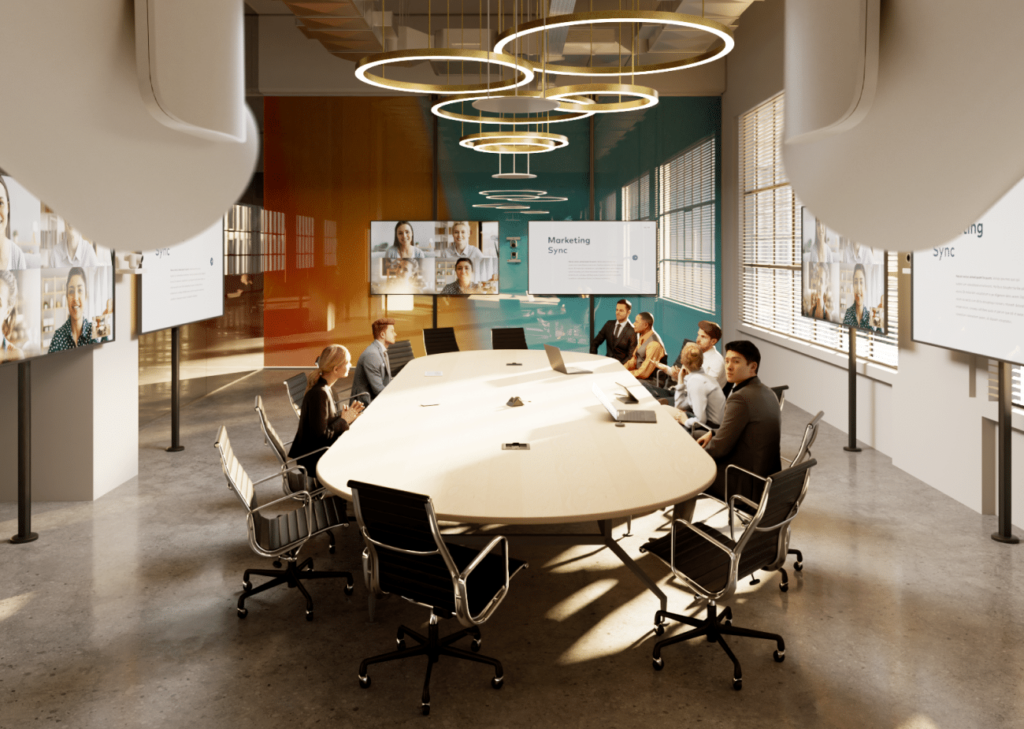 A modern meeting room: 8 people at an oval table, screens with calls and slides, circular lights above, natural light from large windows.