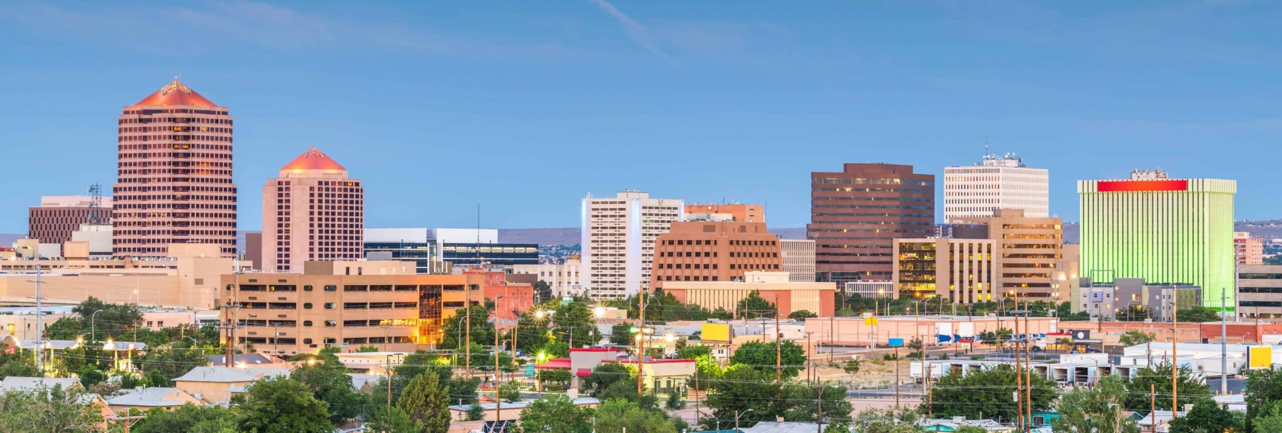 Panoramic cityscape with modern and old buildings, unique domes, clear blue sky, trees, and infrastructure in the foreground.