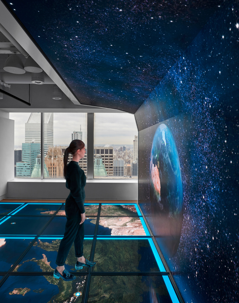 Individual in a hi-tech room with Earth on screens, map-lit floor, and cityscape through large windows.