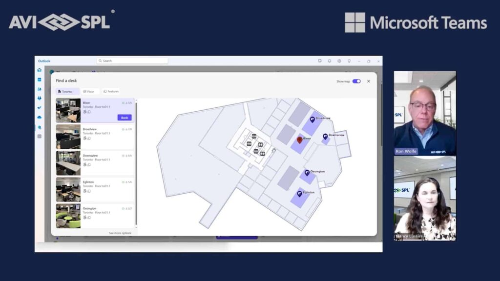 Virtual conference screen: building layout with rooms and attendee names, presenters shown, AVI-SPL & Microsoft Teams logos at top.