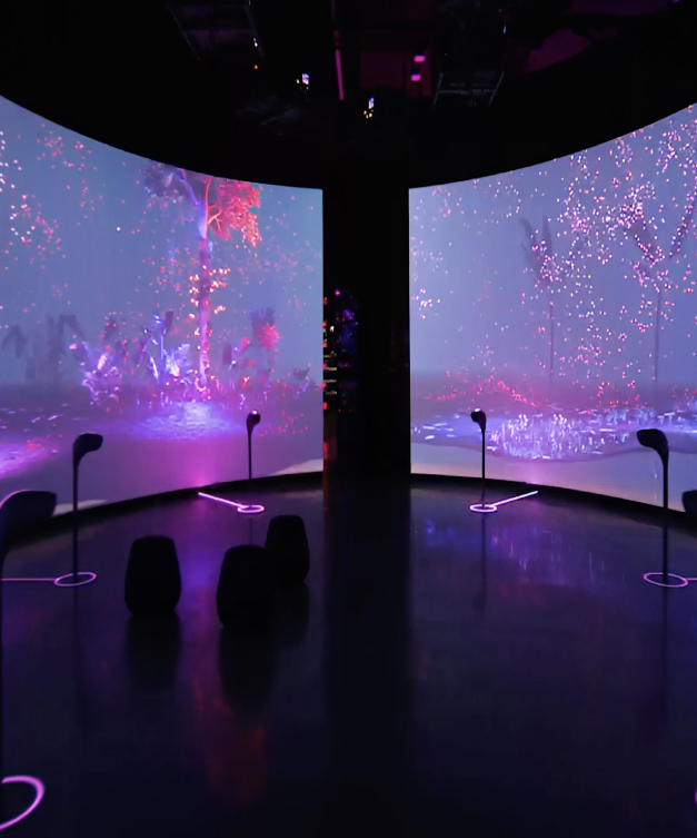 Dark room with curved screens showing colorful landscapes, pink/purple lights on the floor, black stools and stands.