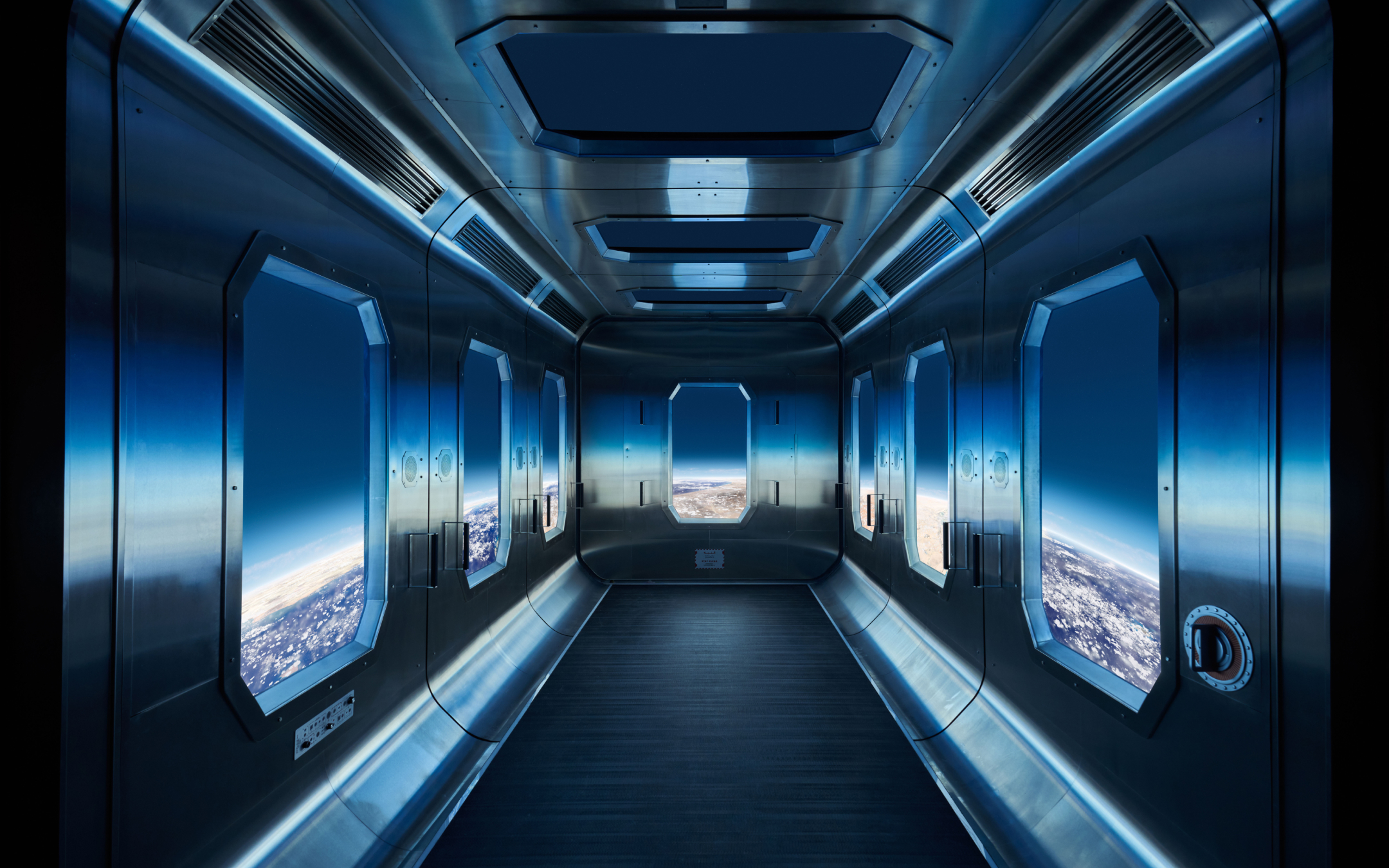 A sleek corridor with large windows showcases Earth from space, metallic walls, and a deep blue floor in a high-tech design.