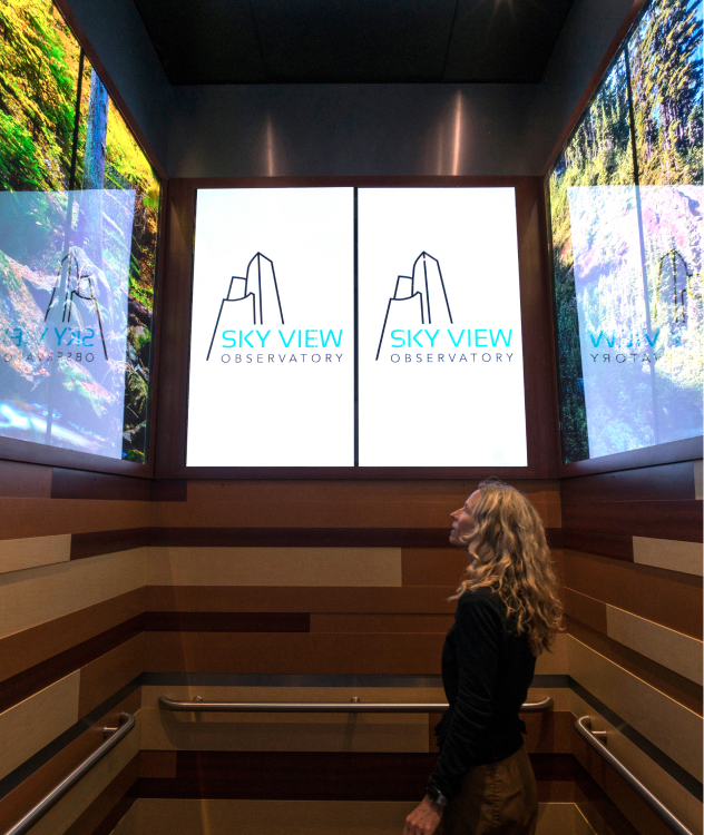 A woman with curly hair stands in an elevator with Sky View Observatory screens; wood paneling and nature scenes reflect around.