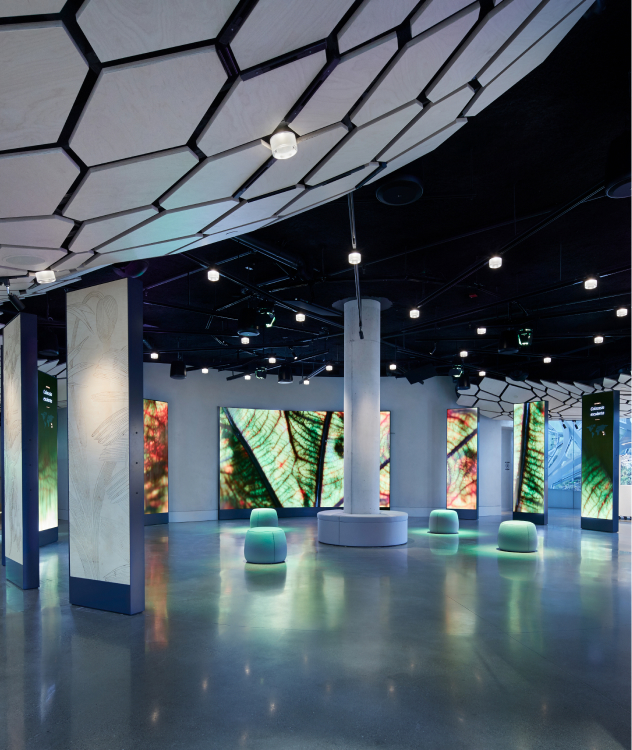 Futuristic space: hexagonal ceiling, glowing pillars, nature screens, shiny floor, and illuminated seats around a central column.