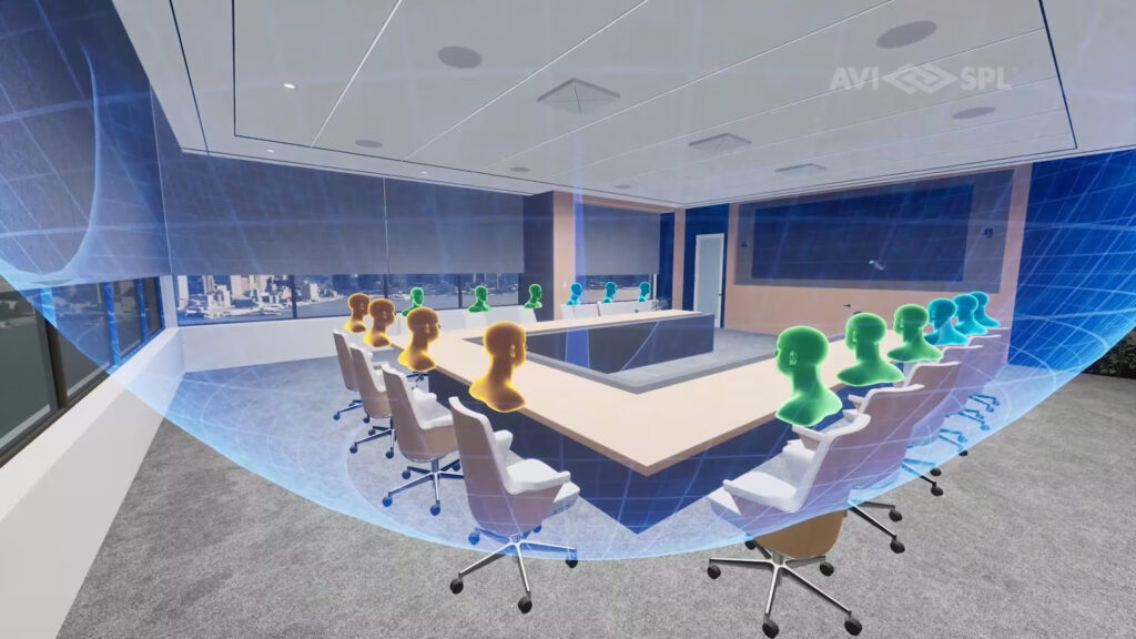 Modern conference room, U-shaped table, colorful virtual figures (orange, yellow, green), cityscape visible through large windows.