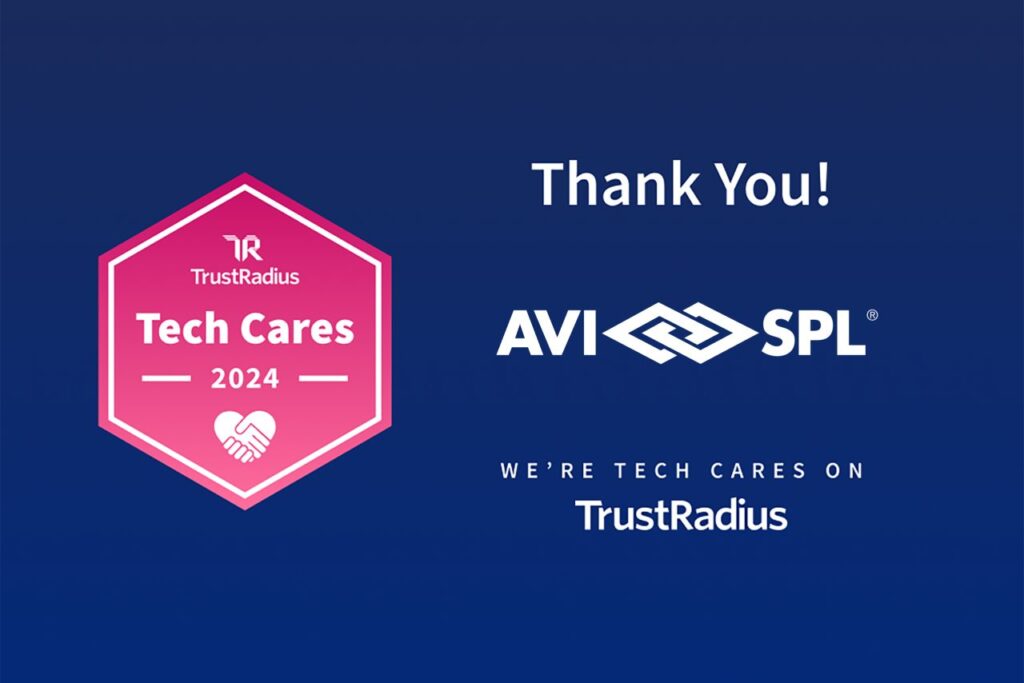 Sure! Heres a concise version with less than 125 characters:

Blue background: pink badge TrustRadius Tech Cares 2024 with handshake icon. Text: Thank You! AVI SPL - Were Tech Cares on TrustRadius..