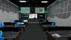 A modern control room with workstations, blue figures at monitors, world maps on walls, time zone clocks, and large video call screens.