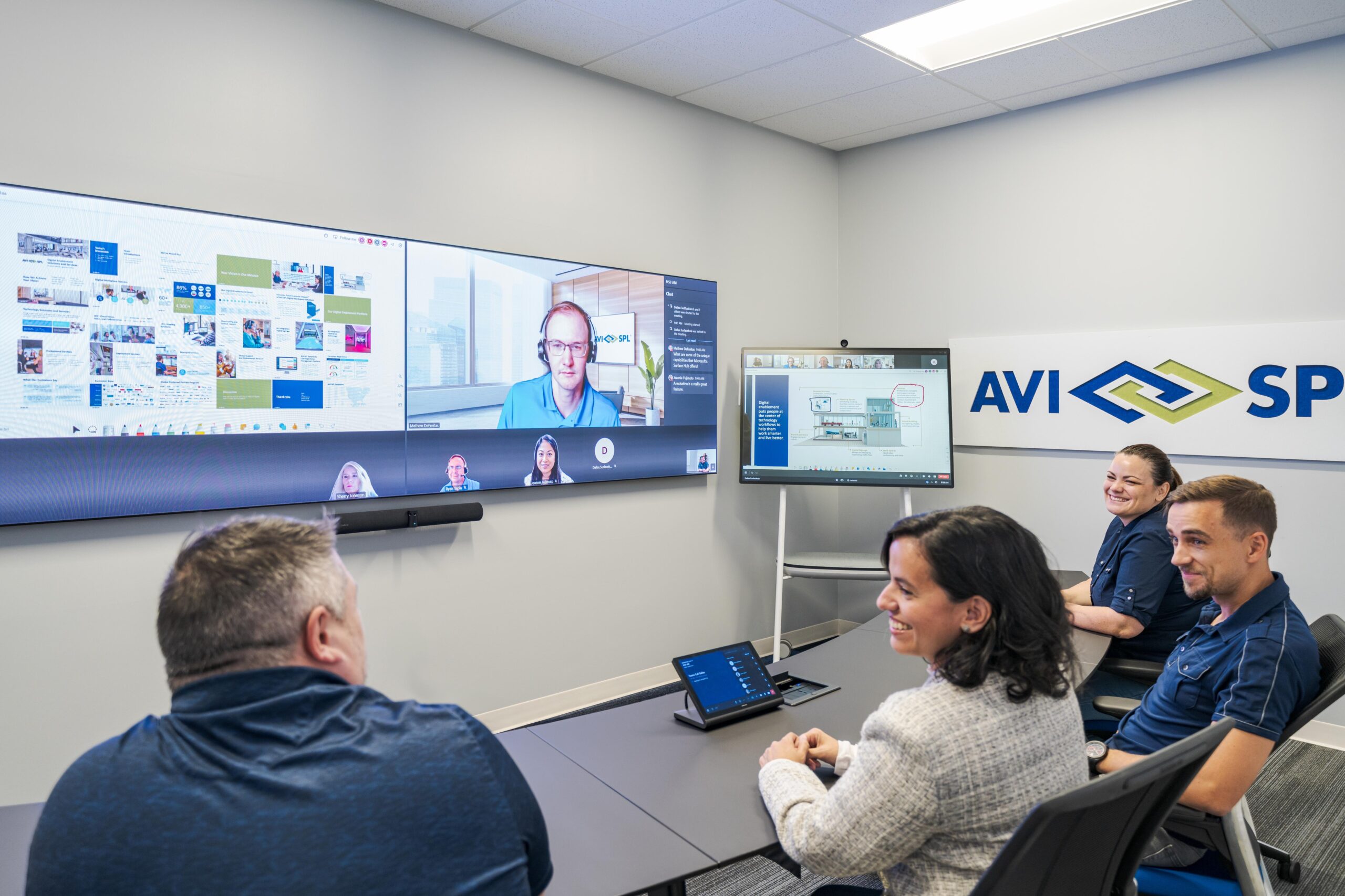 Four people in a modern conference room on a video call; screens, tablet, and partial sign AVI SP visible.