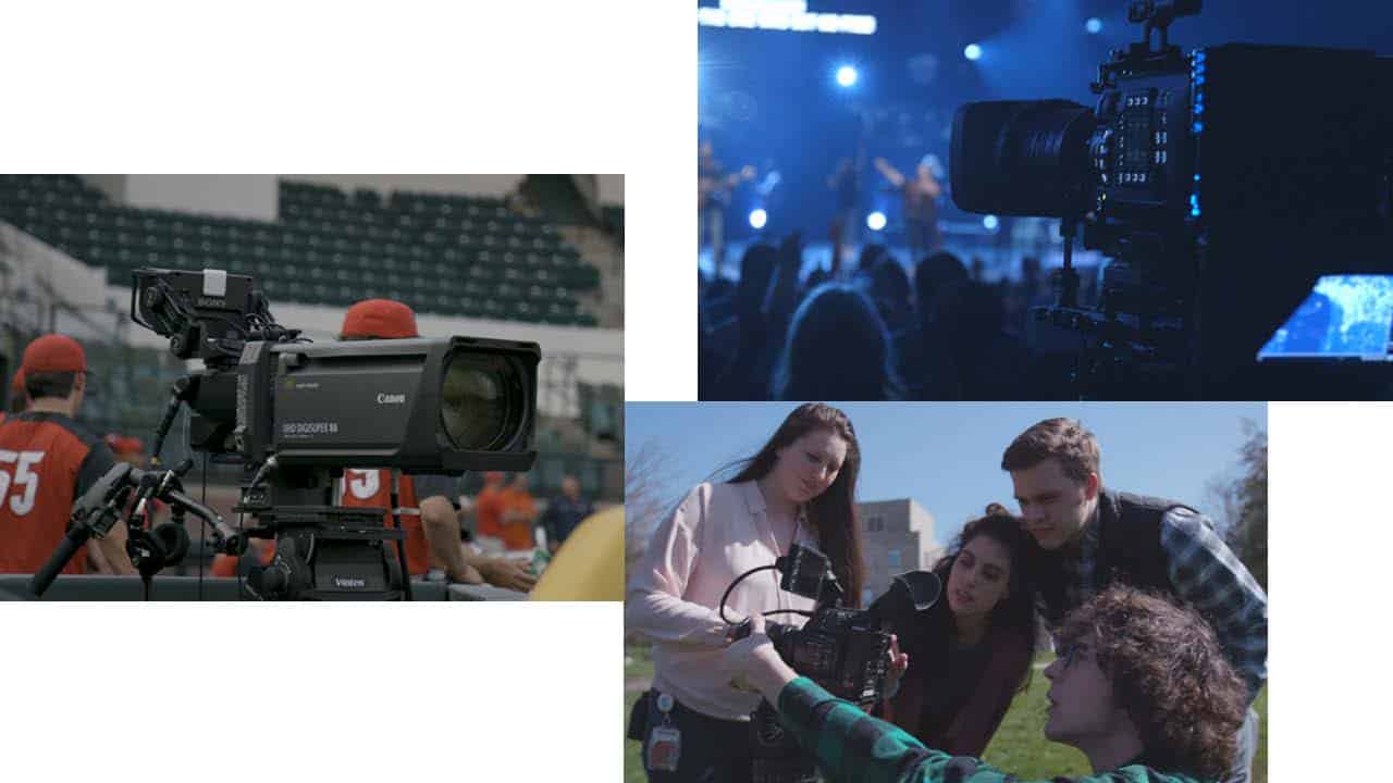 Create a collage of three images: a professional video camera at a sports event, at a live concert, and filming outdoors.