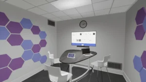 Modern conference room: hexagonal purple/blue wall, black oval table, white chairs, laptop, tablet, screen & clock.