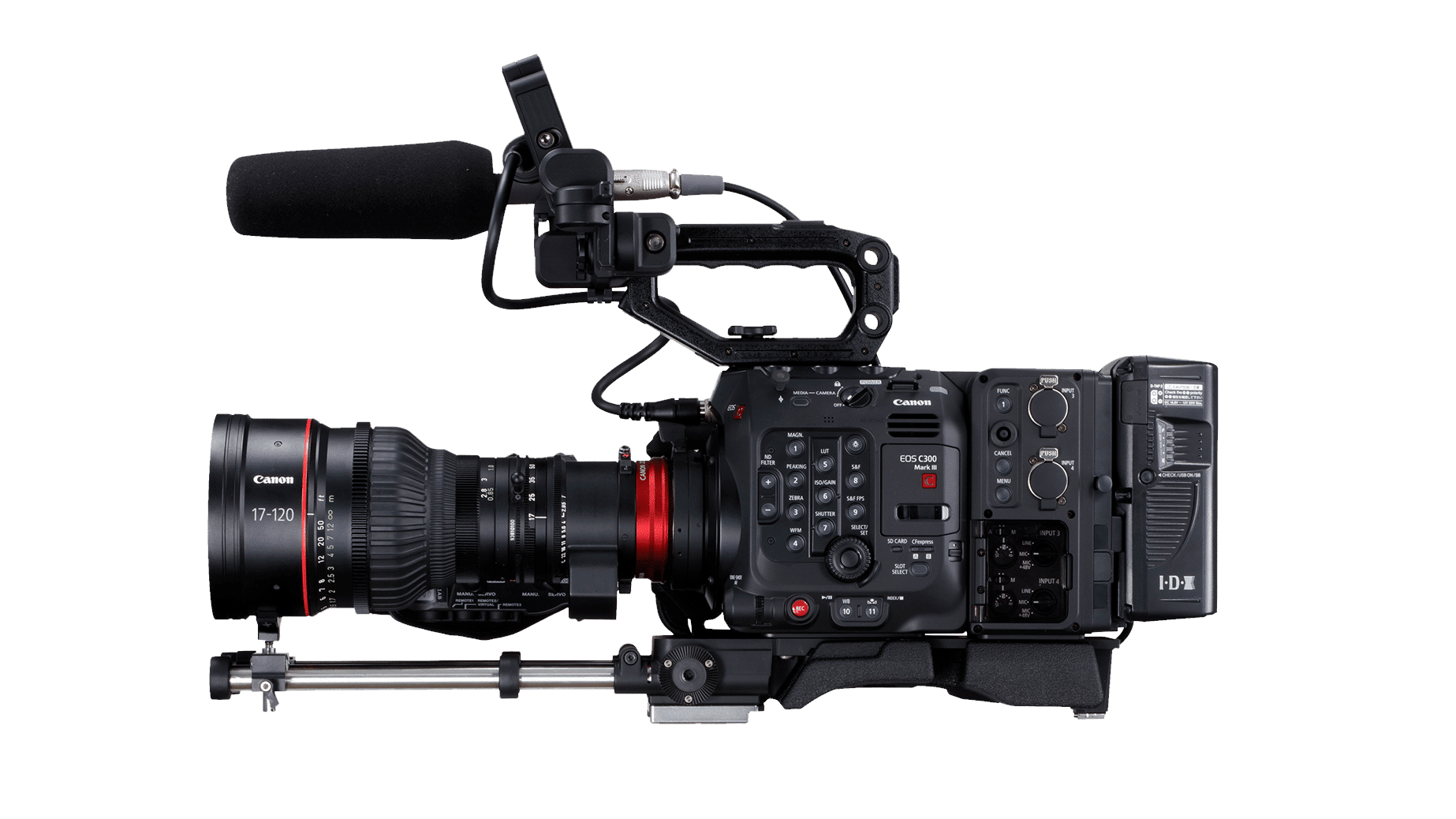 Professional Canon video camera with large lens, top microphone, buttons, dials, and handle for high-quality production.