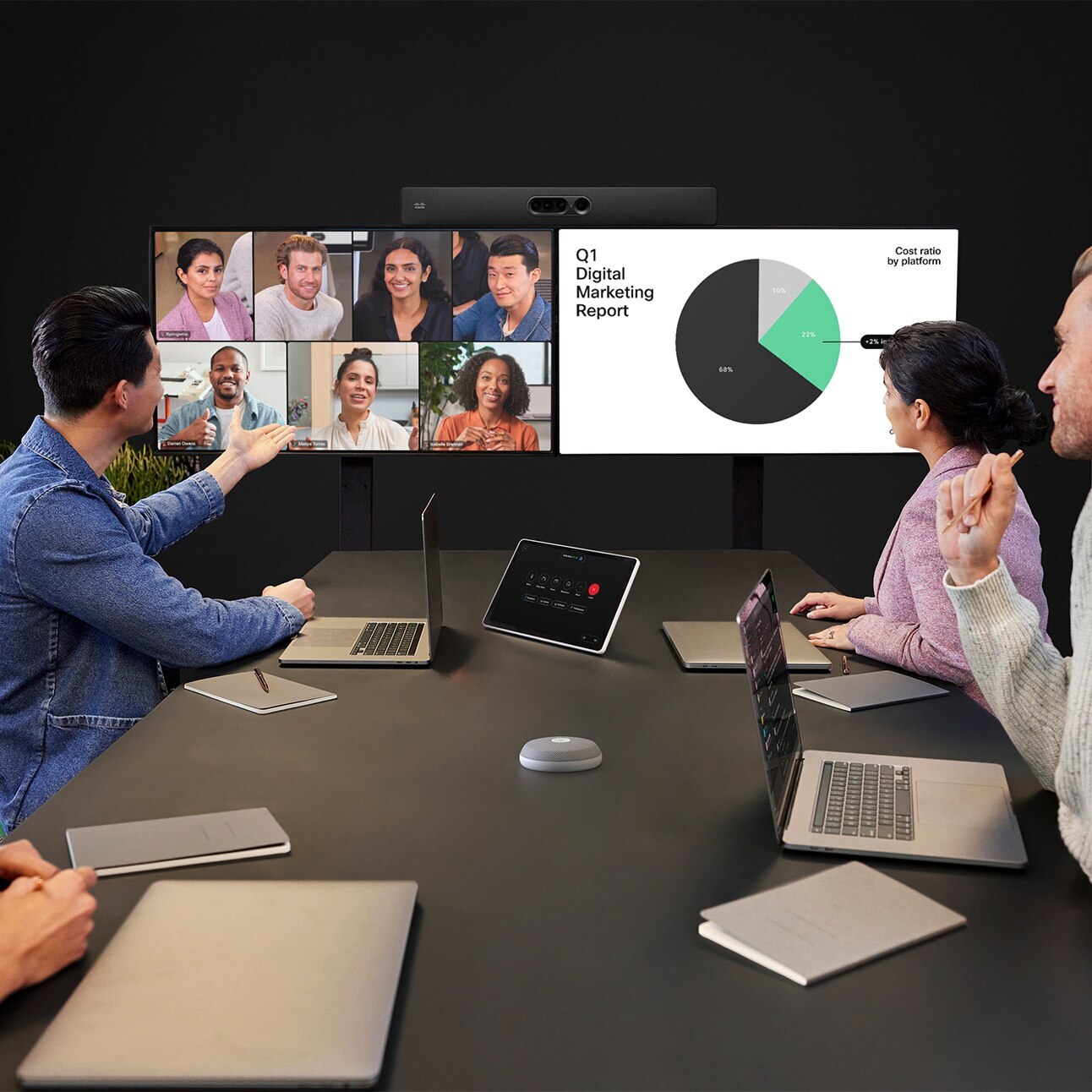 A team in an office joins a virtual meeting, viewing colleagues and a digital marketing pie chart on a large screen, laptops open.