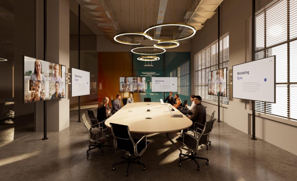 An AI-ready meeting room with Crestron solutions and people around an oval table, Marketing Sync on screens, bright lights, and natural window light.