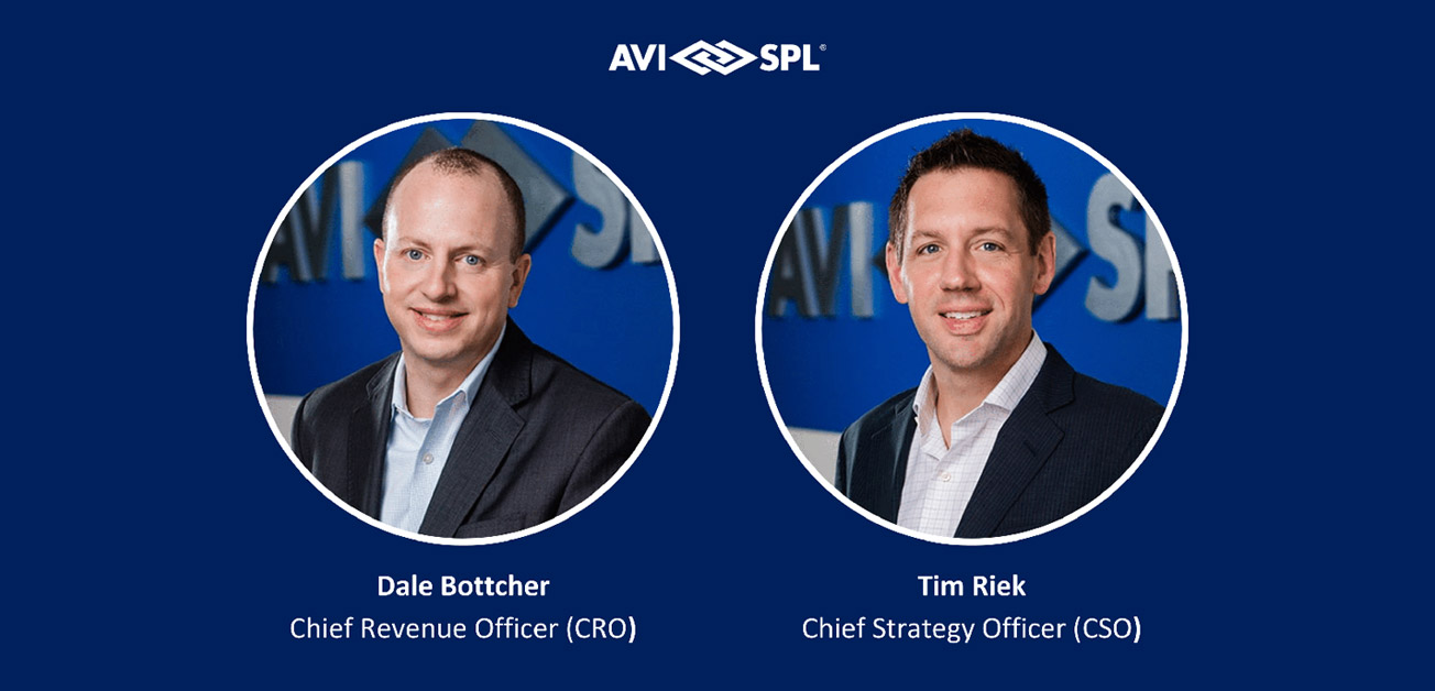 Dale Bottcher, CRO, and Tim Riek, CSO in circular frames against a blue background with the AVI-SPL logo above. Smiling in suits.