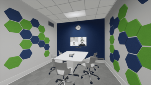 Modern conference room: white table, 5 chairs, hexagonal acoustic panels, video call on monitor, clock above, gray carpet.