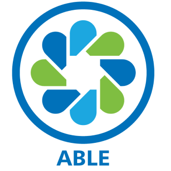 A blue and green logo with 8 teardrop shapes forming a circle, enclosed in a blue ring. ABLE is written below in blue capital letters.