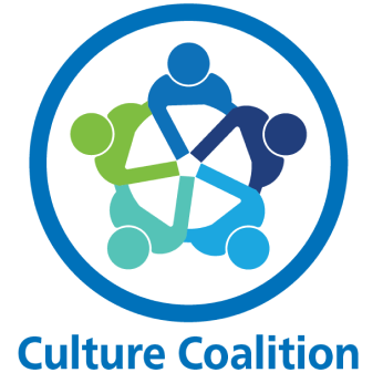 Logo of Culture Coalition: 5 multicolored figures holding hands in a circle, encircled by blue.