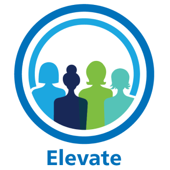 Logo: Four abstract human figures (blue, navy, green, turquoise) in a circle. Text Elevate below in blue.