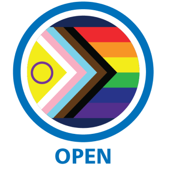 Circular logo: Progress Pride Flag with yellow/purple circles; rainbow stripes & chevron in white, pink, blue, brown, black. OPEN below.