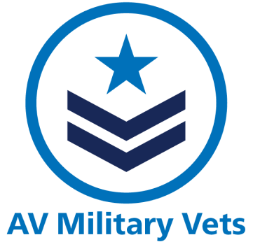 Blue logo: star above three chevrons, encircled. Text below: AV Military Vets. (<125 characters).