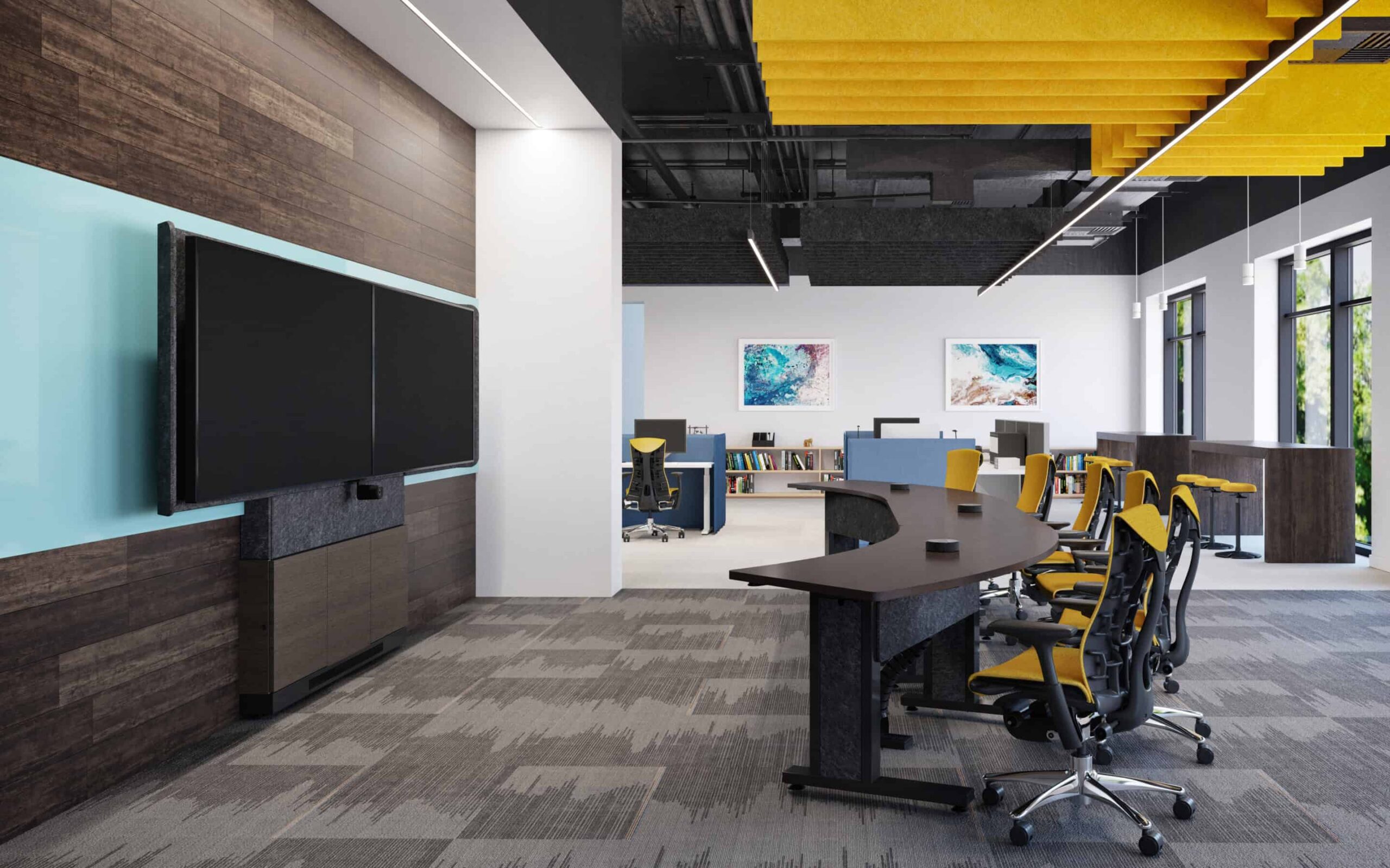 Modern office: curved desks, ergonomic chairs, large TV on wood wall, yellow ceiling panels, carpeted floor, natural light, bookshelves.