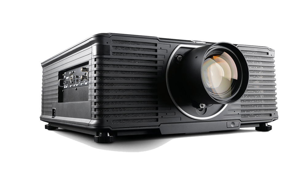 Black rectangular projector with large lens, textured sides, ports, and buttons; sleek for professional or home theater use.