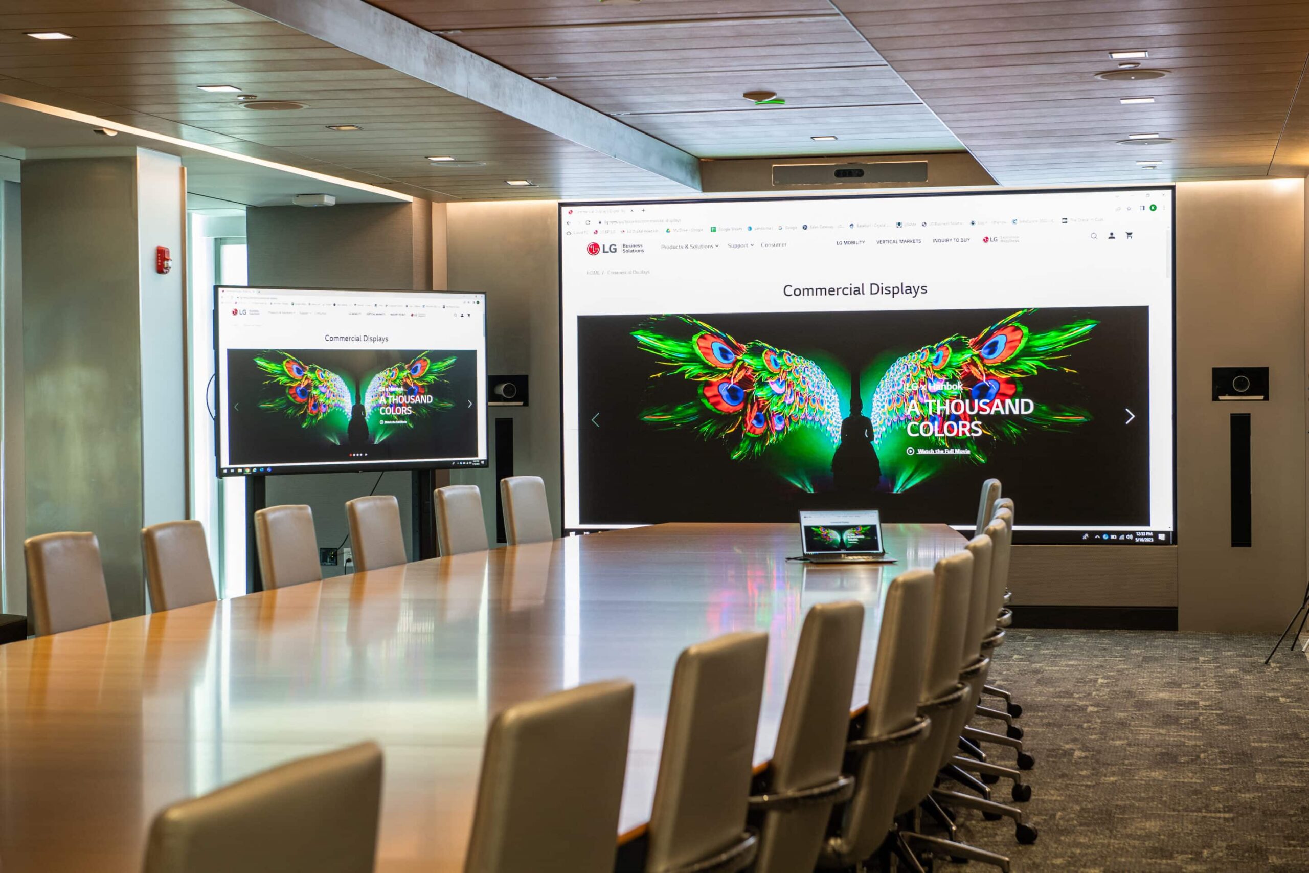 Conference room: long table, white chairs, screens with butterfly wings. Laptop mirrors display. Well-lit, wooden ceiling.