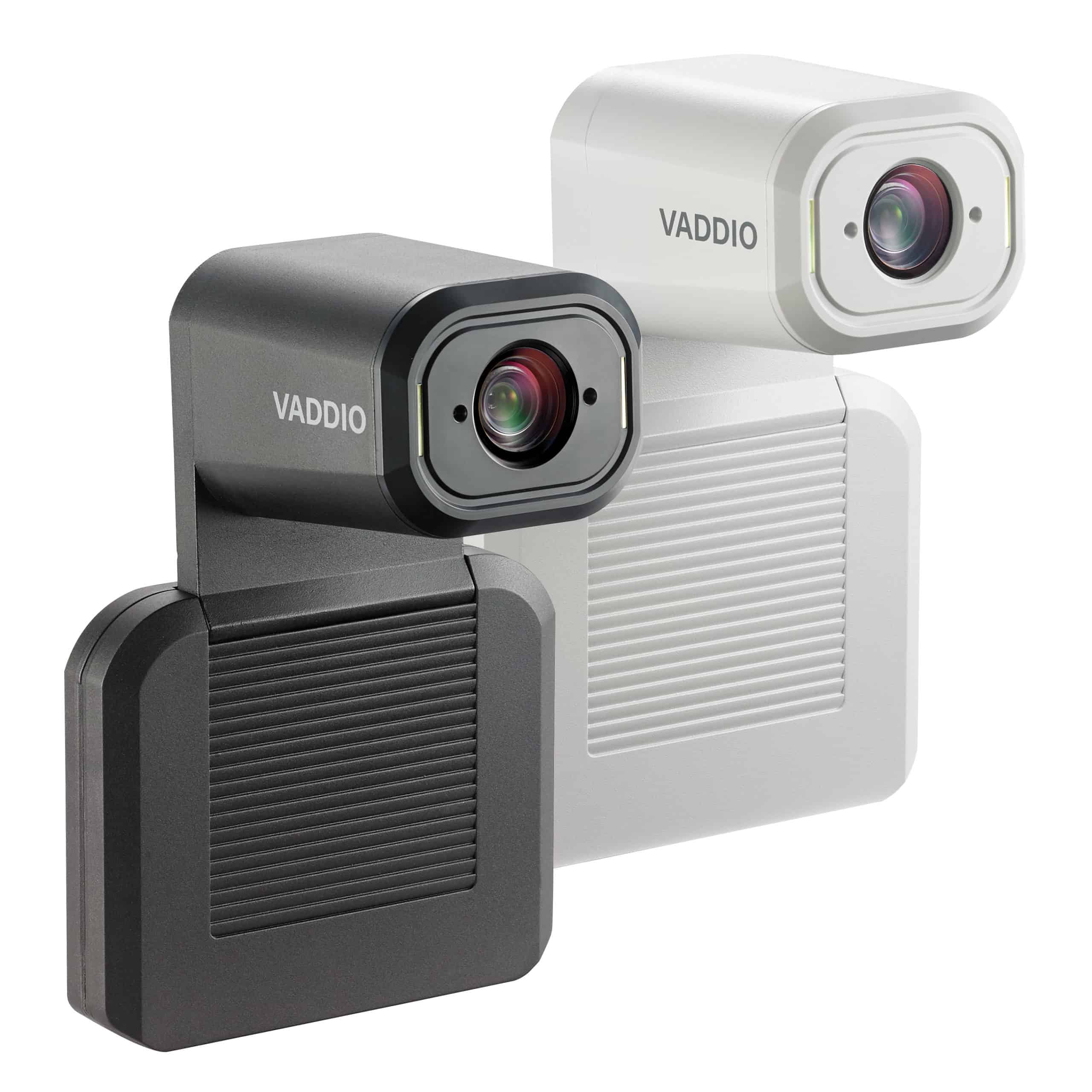 Two sleek Vaddio cameras: one black, one white, with a modern design, prominent lens, and rectangular base on a white background.