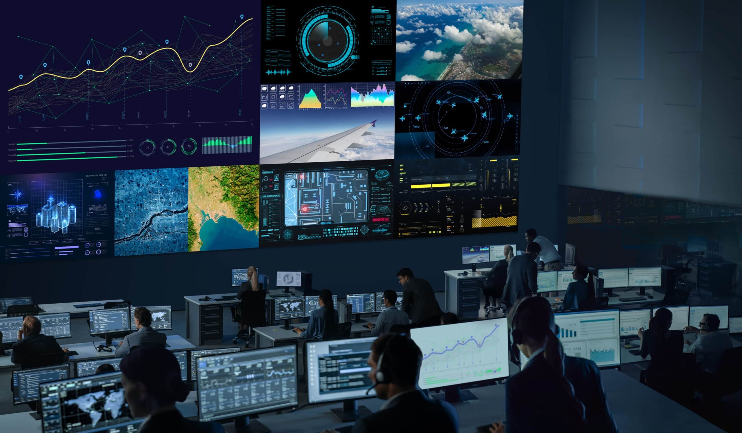 A control room bustling with people at workstations, monitors glowing with graphs, maps, and data in a dimly lit, focused setting.