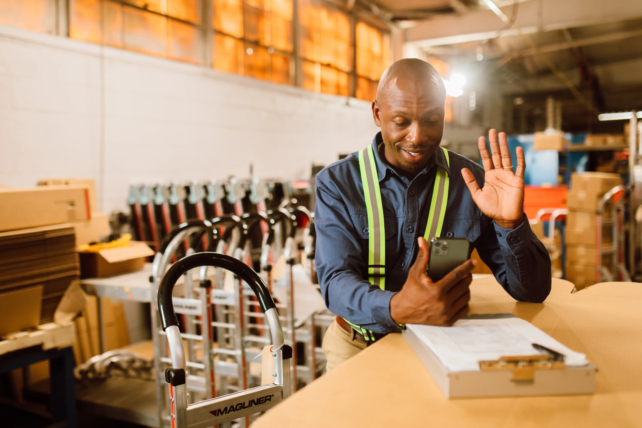 manufacturing employee on a video call