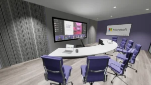 Modern conference room: curved table, 6 purple chairs, large screen with meeting, Microsoft logo, wood floors, soundproof panels.