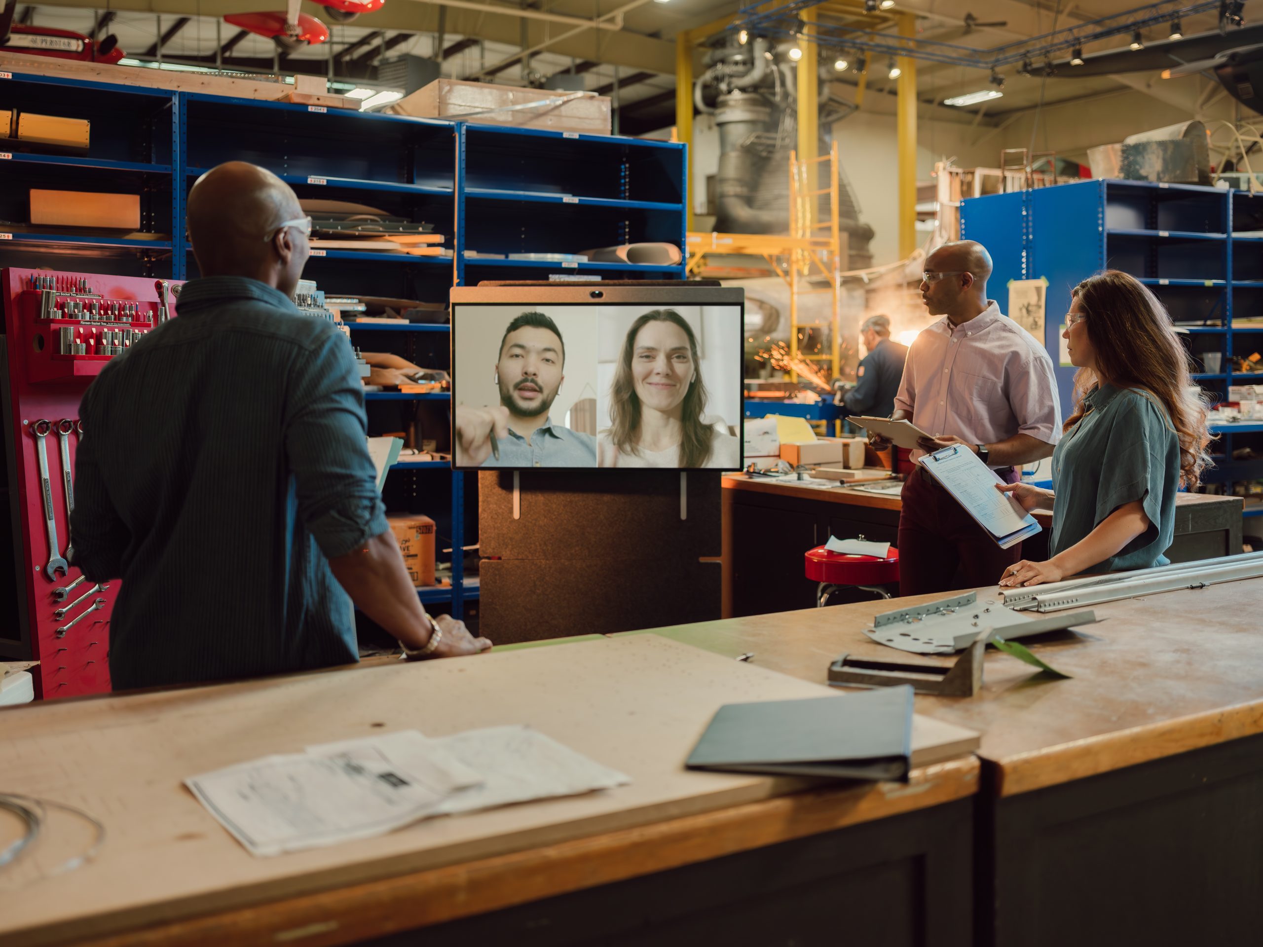 manufacturing hybrid team meeting on the production floor.