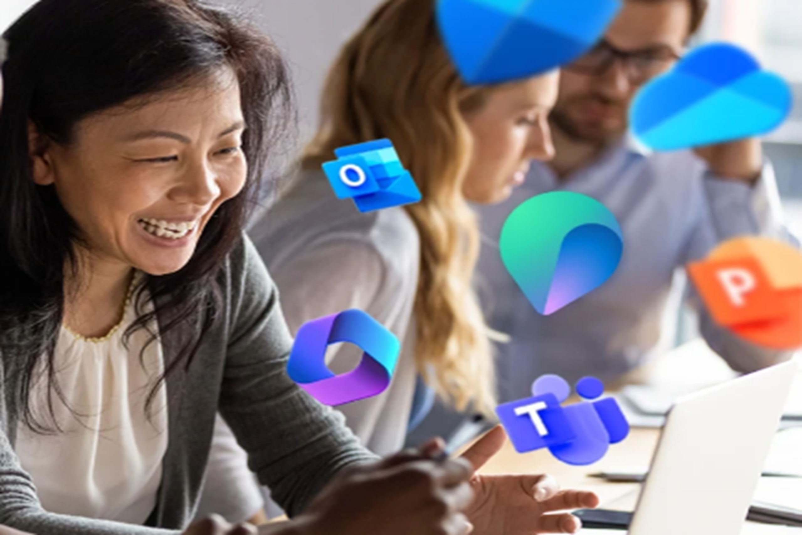 A group smiles around a laptop, icons for Outlook, PowerPoint & Teams float nearby in a blurred office setting.