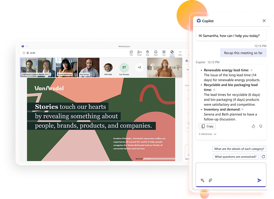 Virtual meeting: participant videos top, VanArsdale Stories slide center, chat & notes sidebar right.